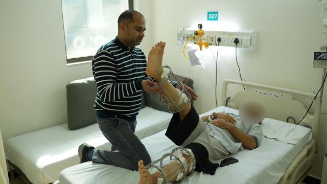 Close-up of rehabilitation exercises for limb lengthening patients